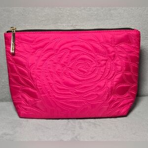 Lancome Paris Quilted Rose Cosmetic Makeup Bag Case Hot Pink Gold Zip, New